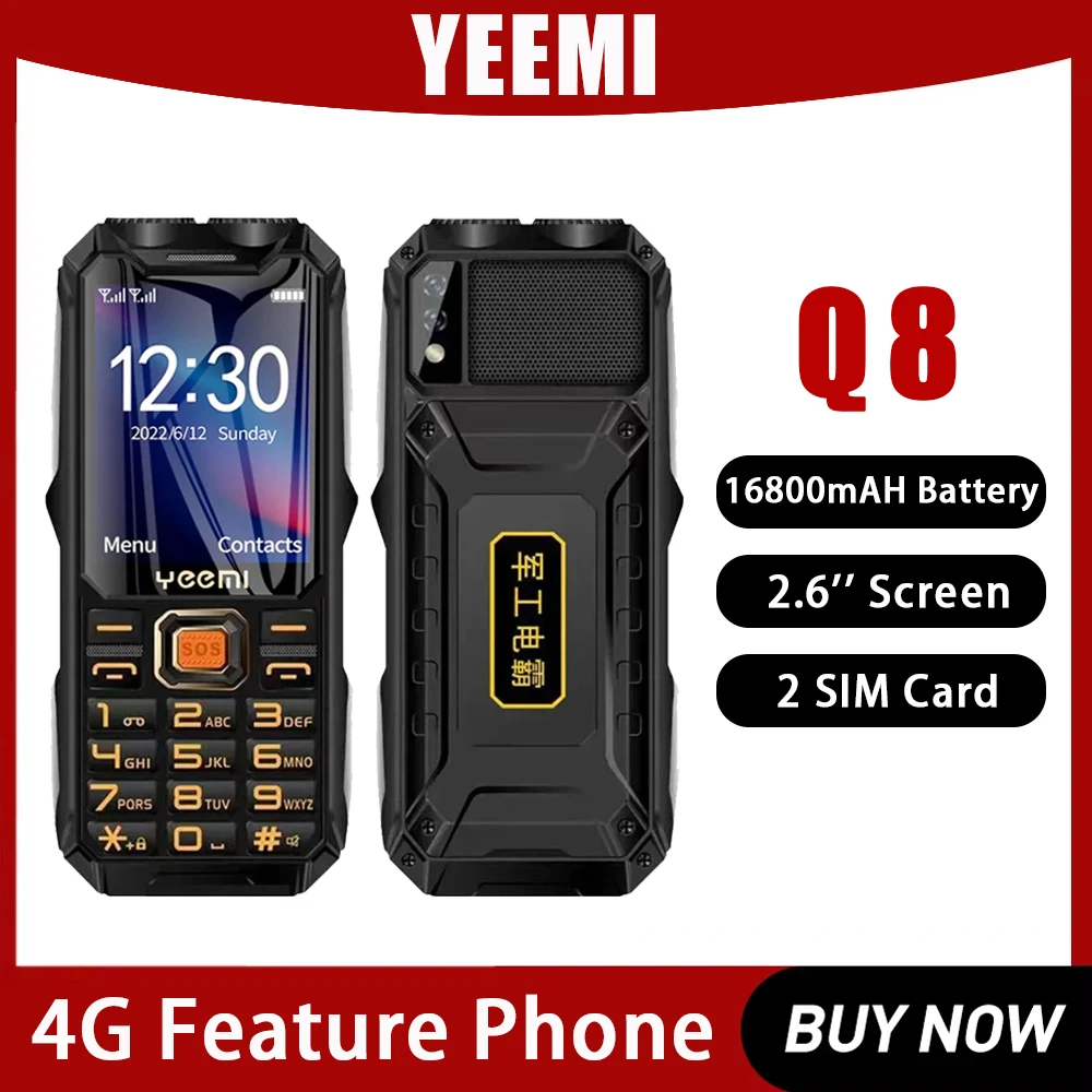 YeeMI Q8 4G Rugged Phone Waterproof Big-button Feature Phone 2.6Inch HD Button Big Loudspeaker LED Light 16800mAh Battery SOS