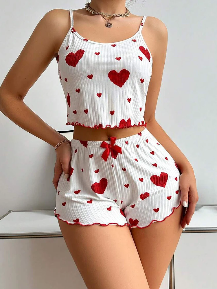 New Summer Women Pijama Heart Print Camisole With Shorts Casual Lovely Nightie Homewear Sleepwear Comfotable Stripe Pajamas Set