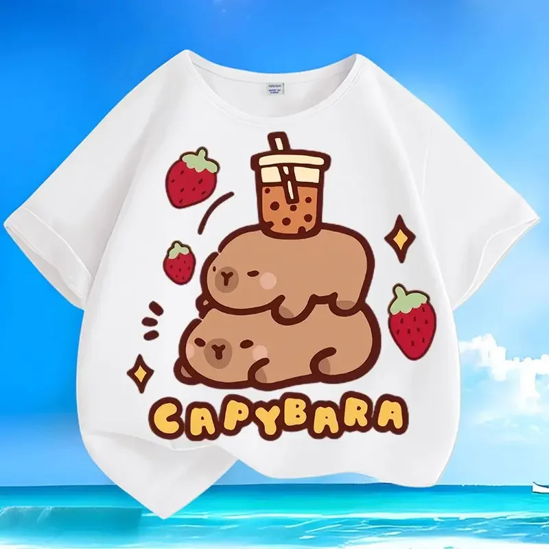 

New Summer Kapibala Dolphin Printed Cotton Short Sleeve Round Neck Loose Top T-shirt for Men and Women Children