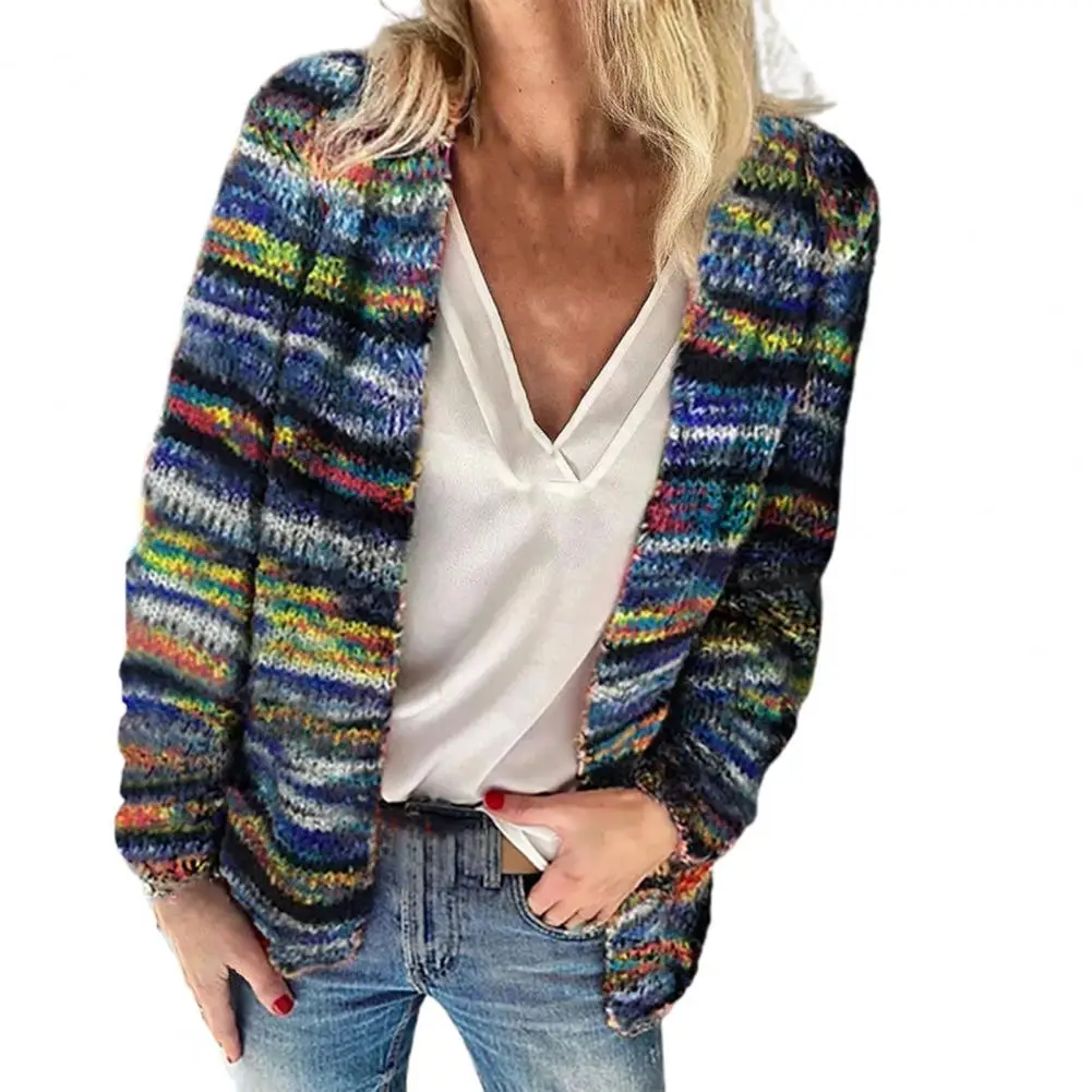 Autumn Vintage Sweater Cardigan Women Long Sleeve Knitted Rainbow Stripes Knitted Coat Ladies Office