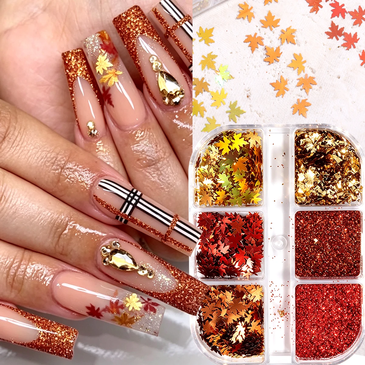 6 Grids Autumn Maple Leaf Nail Sequins, Red Brown Fine Glitter Powder Gold Foil Flakes Fall Thanksgiving Nail Art Decor