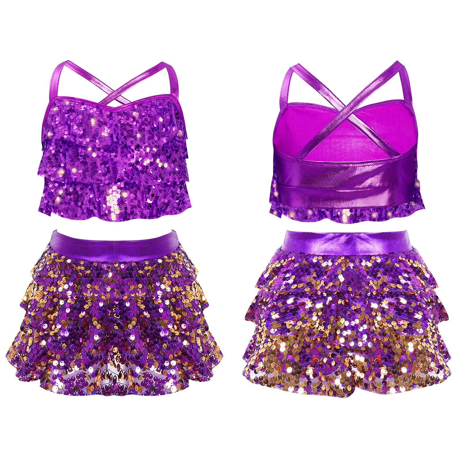 Kids Girls Glittery Sequins Dance Sets Tiered Ruffles Cross Back Metallic Crop Top with Culottes for Jazz Performance Costume image 3