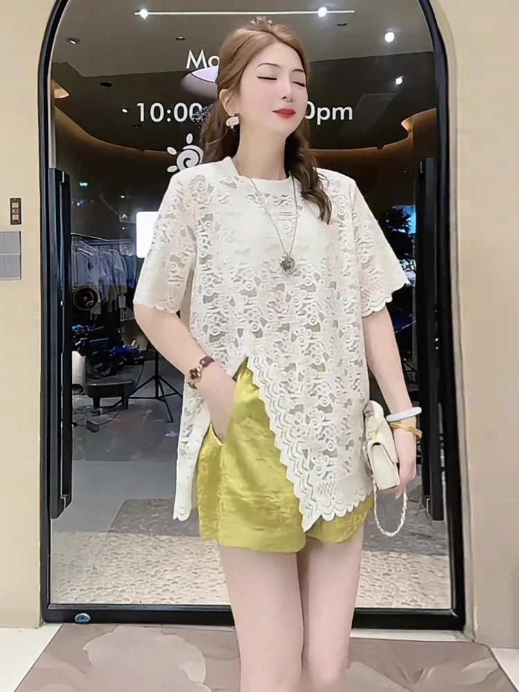 

Женская футболка с кружевом и вырезом ort Sve, новинка лета, свободная, супер красивая, уникальная, корейский топ, для поездок на работу и ветер