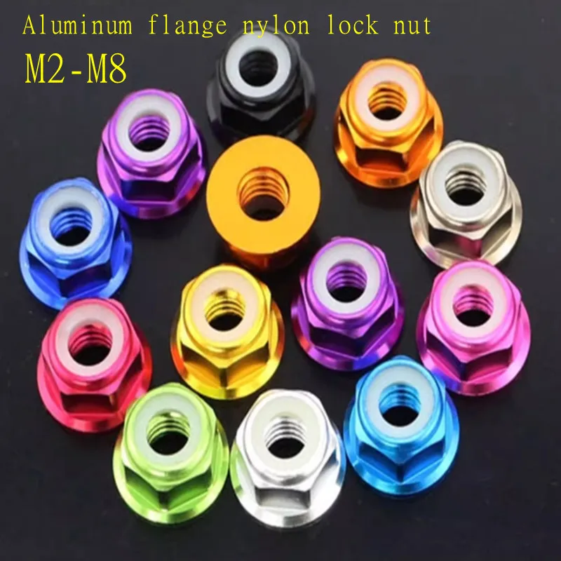 2pcs-10pcs M2 M2.5 M3 M4 M5 M6 M8 Anodized colourful Aluminum Flange Nylon Lock Nut