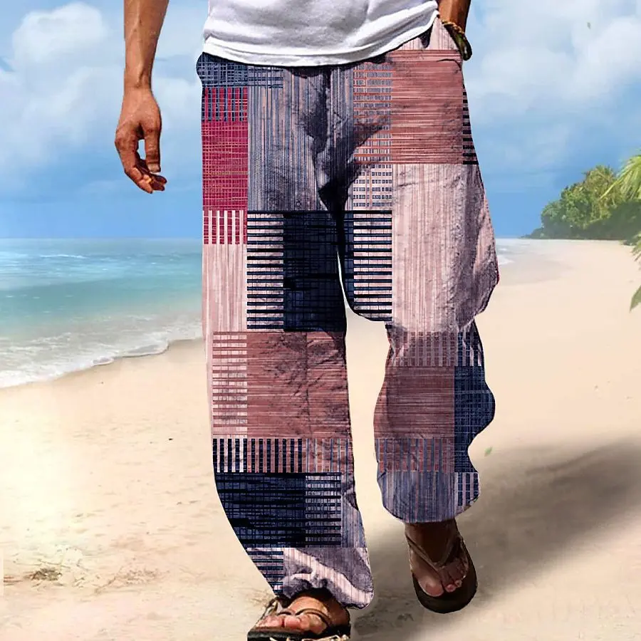 2024 Summer New Product Block Multi Color Splicing Printed Men\'s Straight Pants Loose Sports and Casual New Style