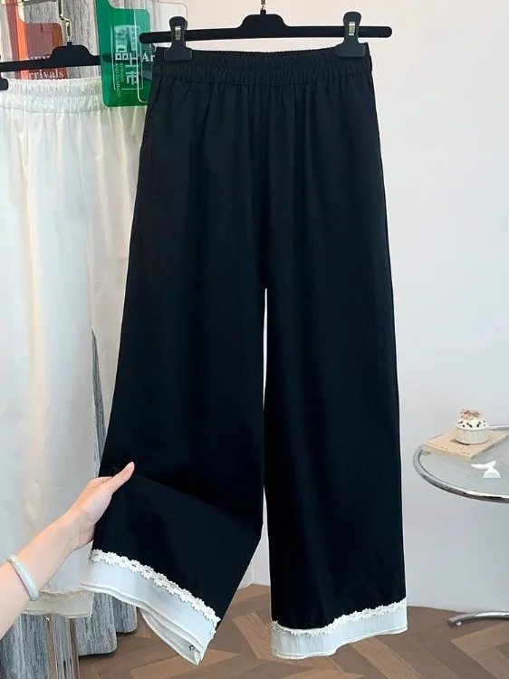 Ele High Waist Wide Leg Pants Women's Summer New Artistic Casual Straight Leg Pants Lace Trim Airy Comfortable Cotton Linen