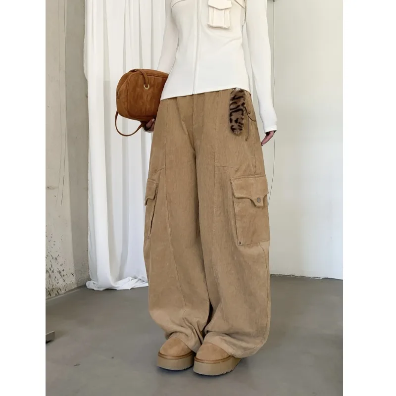 

Ретро-брюки из вельвета с широкими штанинами в стиле рабочей одежды, женские, весенняя новинка, цвет хаки, с множеством карманов, свободные, в пол, с завышенной талией