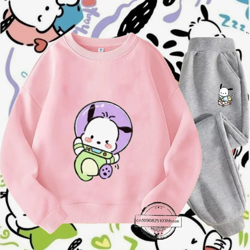 Autumn and winter new cartoon print Pochacco Sanrio children's crewneck hoodie set boys and girls autumn long sleeve casual