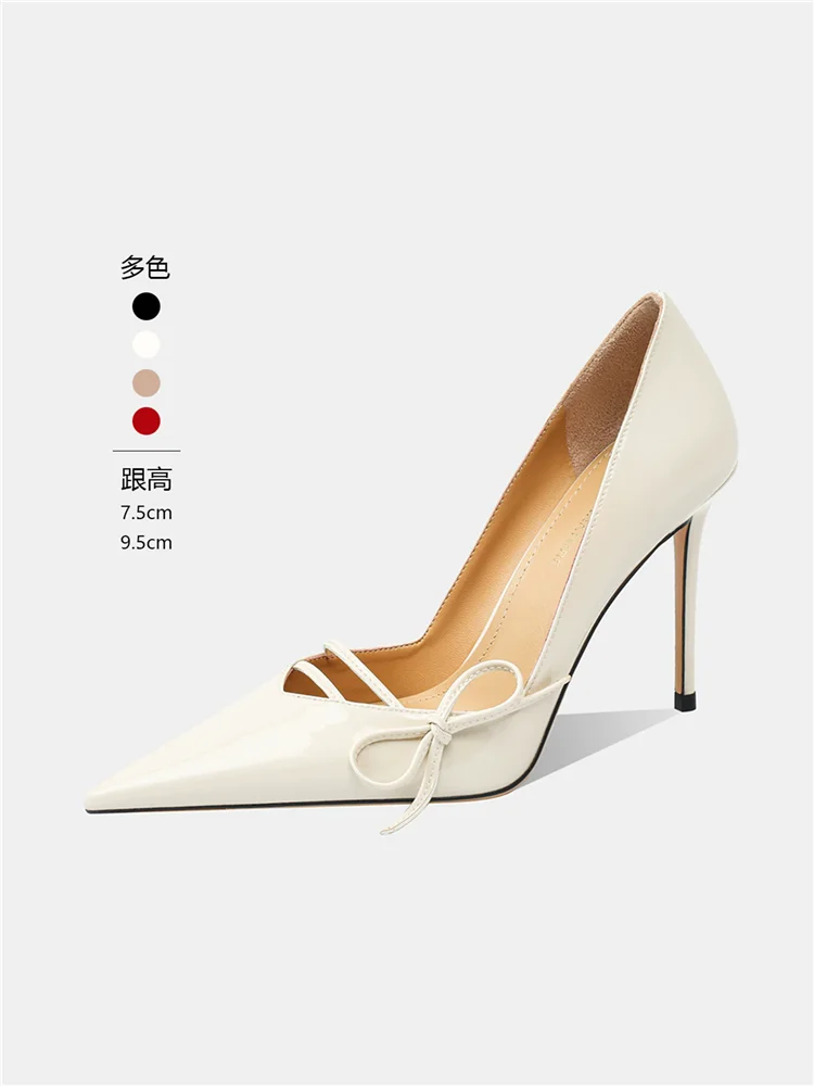Spring and summer pointed shallow mouth patent leather bow fine heeled shoes for banquets, small size high-heeled women's shoes