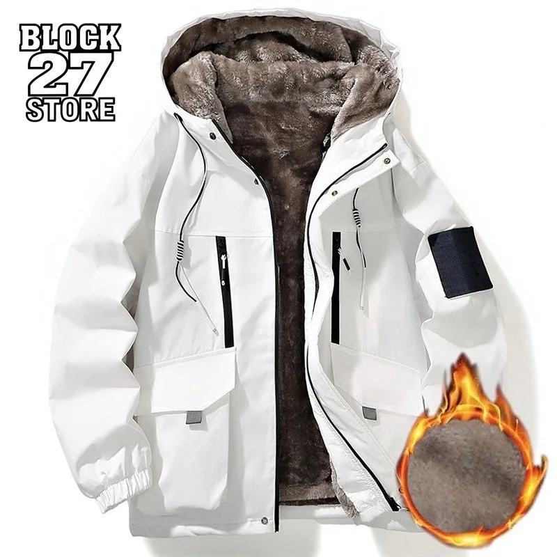 Mens Jacket Winter Thick Fleece Hooded Coat Youth Casual Warm Hong Kong Style Student Outerwear Streetwear Harajuku Style Wear