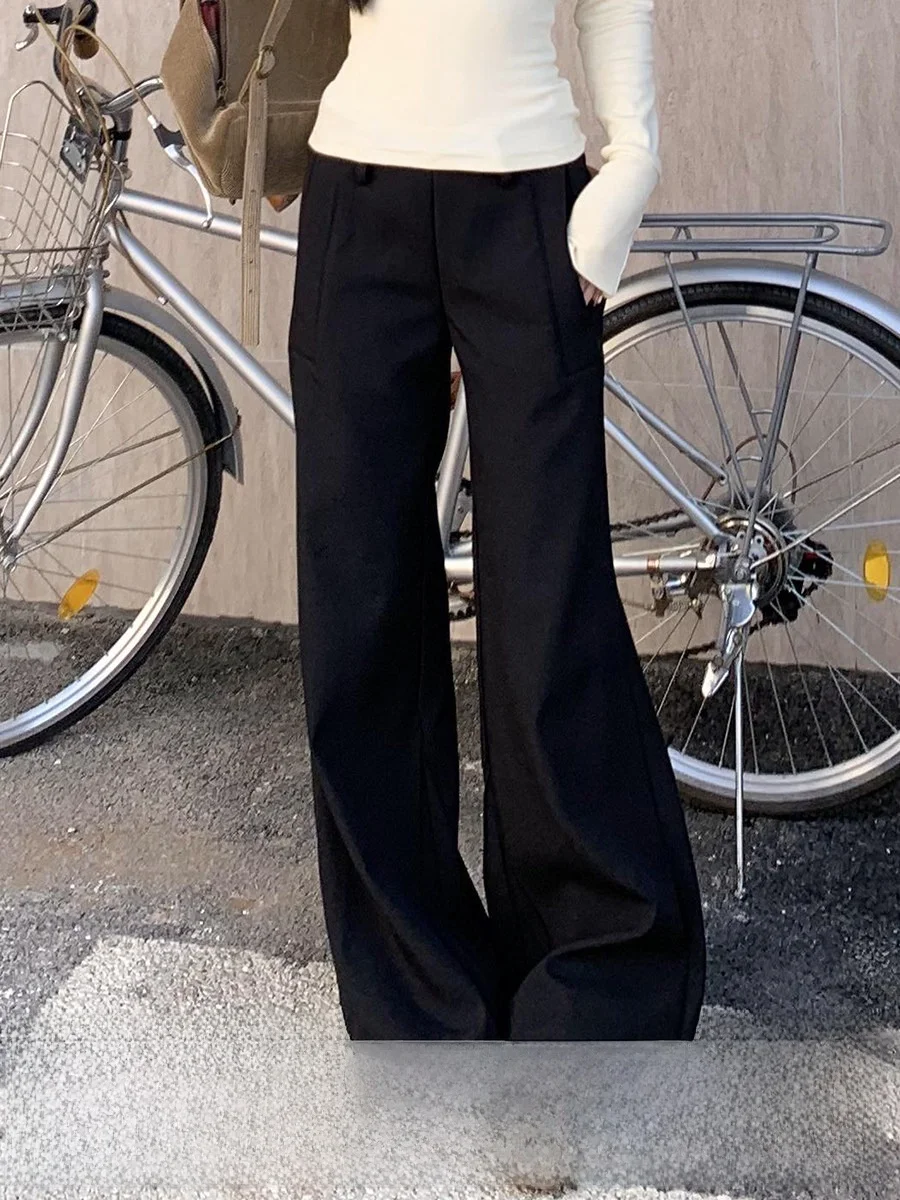 

Черные расклешенные брюки с низкой талией на подкладке, женские осенне-зимние свободные повседневные брюки, длинные прямые брюки