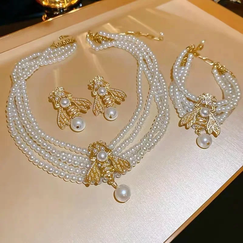 

Layer Pearl Necklace Set French Vintage Elegant Fashion Bracelet High end New Earrings