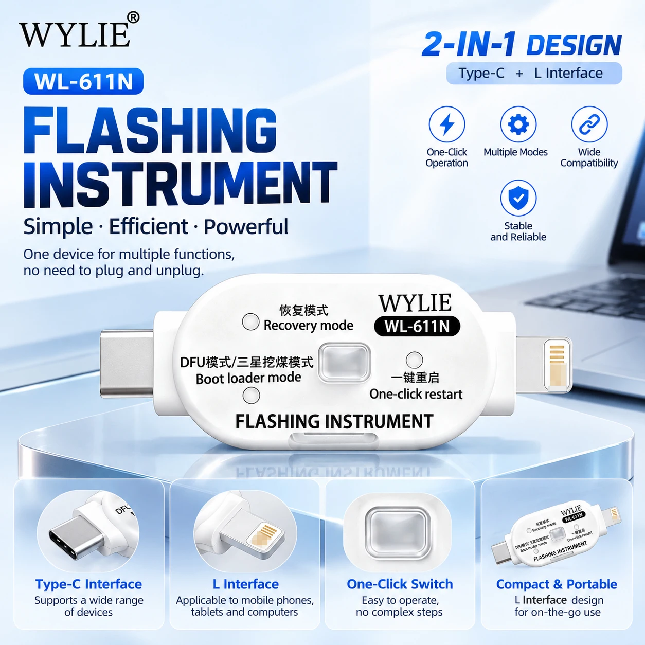 WYLIE WL-611N Flashing Device with Type-C/L Interface for IP Android Repair Recovery Mode DFU Mode Download Mode Restart Tool