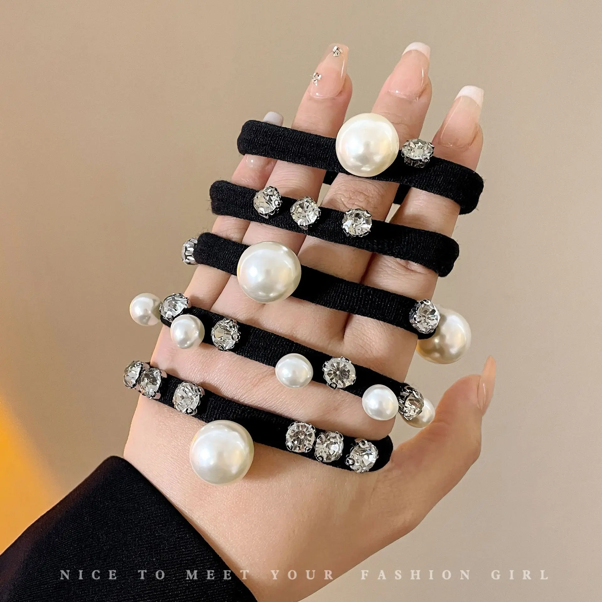 

5/11pcs Rhinestone Pearl Hair Rope Seamless Towel Ring Elastic Durable Rubber Hair Band Headwear Girls Women Hair Accessories