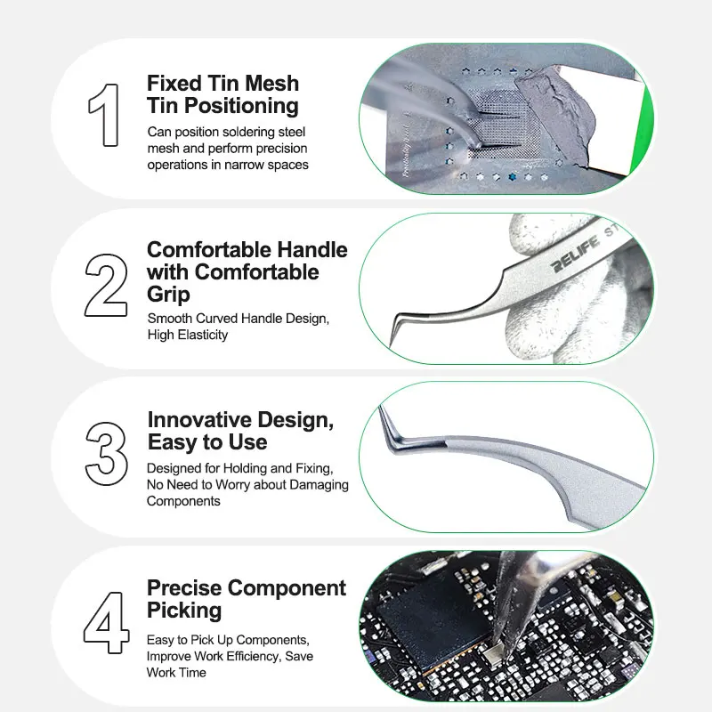 RELIFE ST-17A  Ultra-Precision Chip Tinning Positioning Tweezers Position Soldering BGA Steel Mesh Holding and Fixing Repair