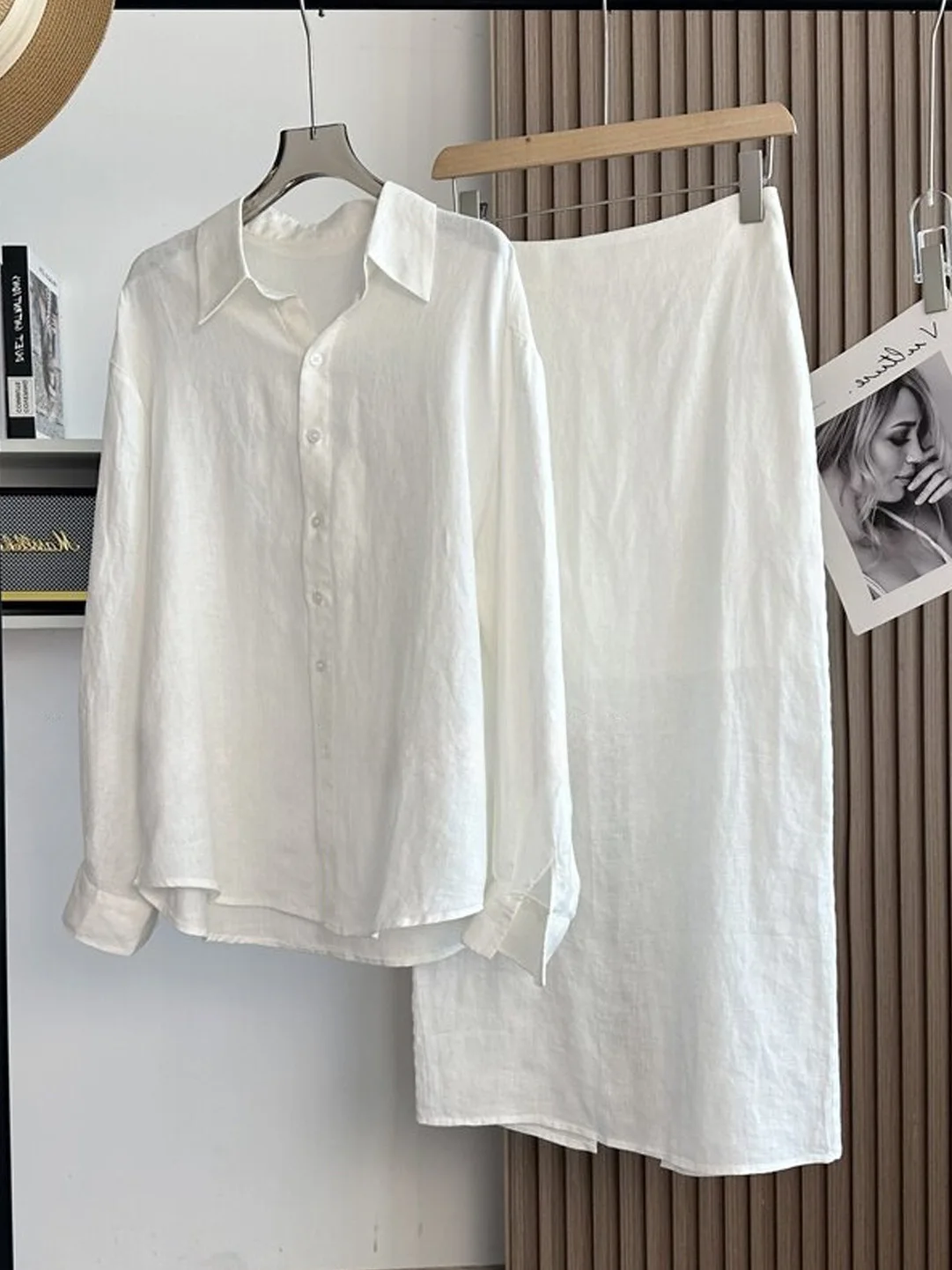

White Long Sleeve Shirt Women's Fashion Set Casual High Waist Skirt Slimming Effect Summer Outfit Minimalist Style Commute Wind