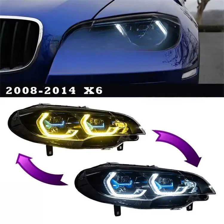 Veidt Suitable for 08-14  X6 Headlight Assembly E71 Modified Spoon Golden Eye Dual Color Lens LED Headlight