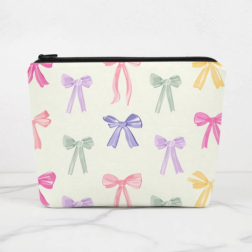 Pastel Bow Pattern Print Design Makeup Bags for Girls Cosmetic Pouch Toiletry Bag Pencil Case Travel Storage