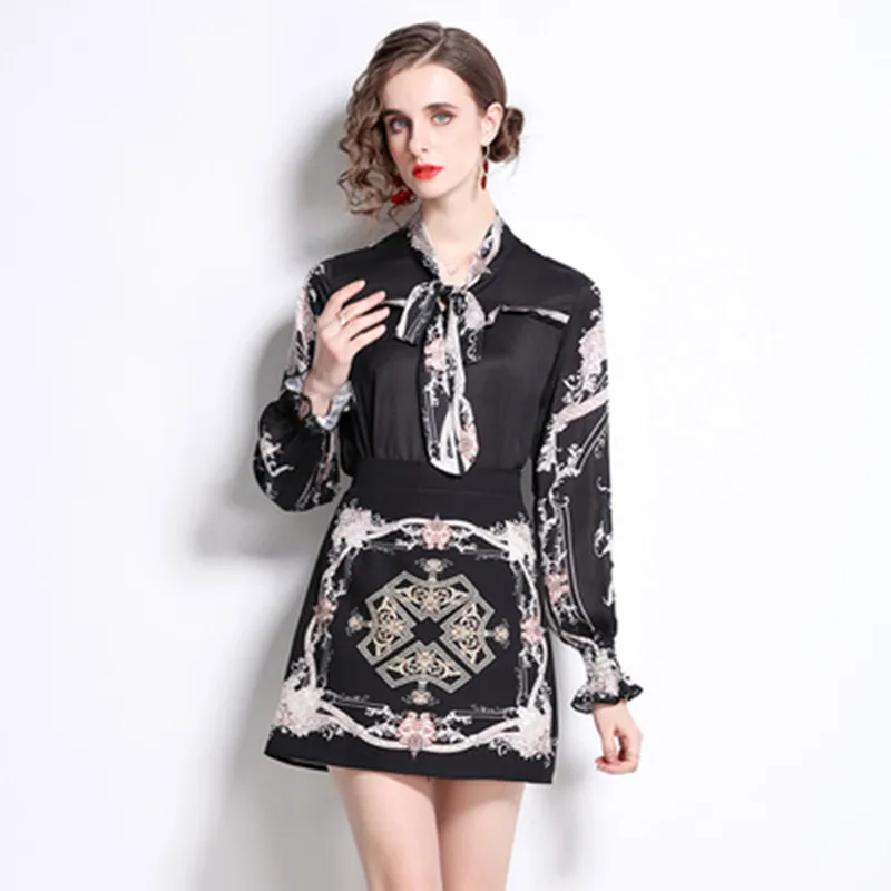 2022 Autumn Vintage Print Skirt Set Women Bow Collar Long Sleeve  Chiffon Blouse Top + Mini A Line Skirts Two Piece Outfits