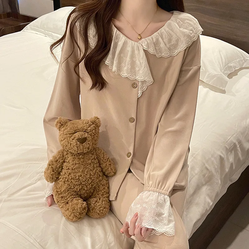 INS Women\'s Spring Autumn Pajamas Lace Doll Collar Sleepwear Set Sweet Cute Home Clothing New Pijama Feminino Nightwear Suit