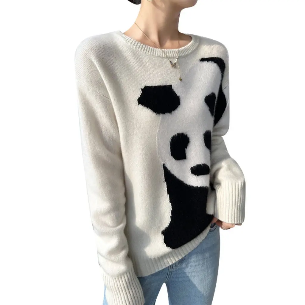 

Women's Autumn Winter Loose Wool Pullover Sweater Two-Color Jacquard Crewneck Panda Print 100% Pure Wool Top