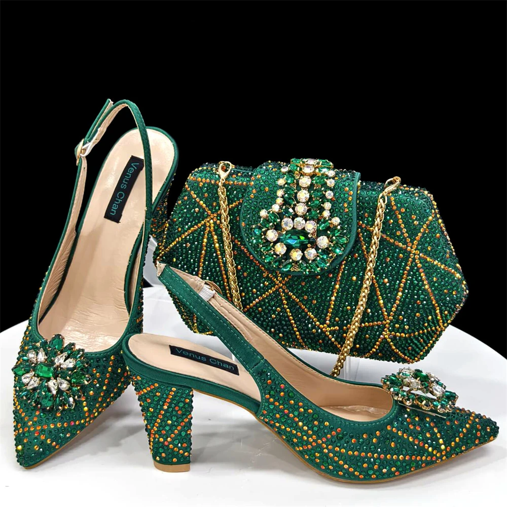 African Women's Fashion Crystal Square Button Pointed High Heels Water Diamond Shiny Green Color Sandal Bag Sets