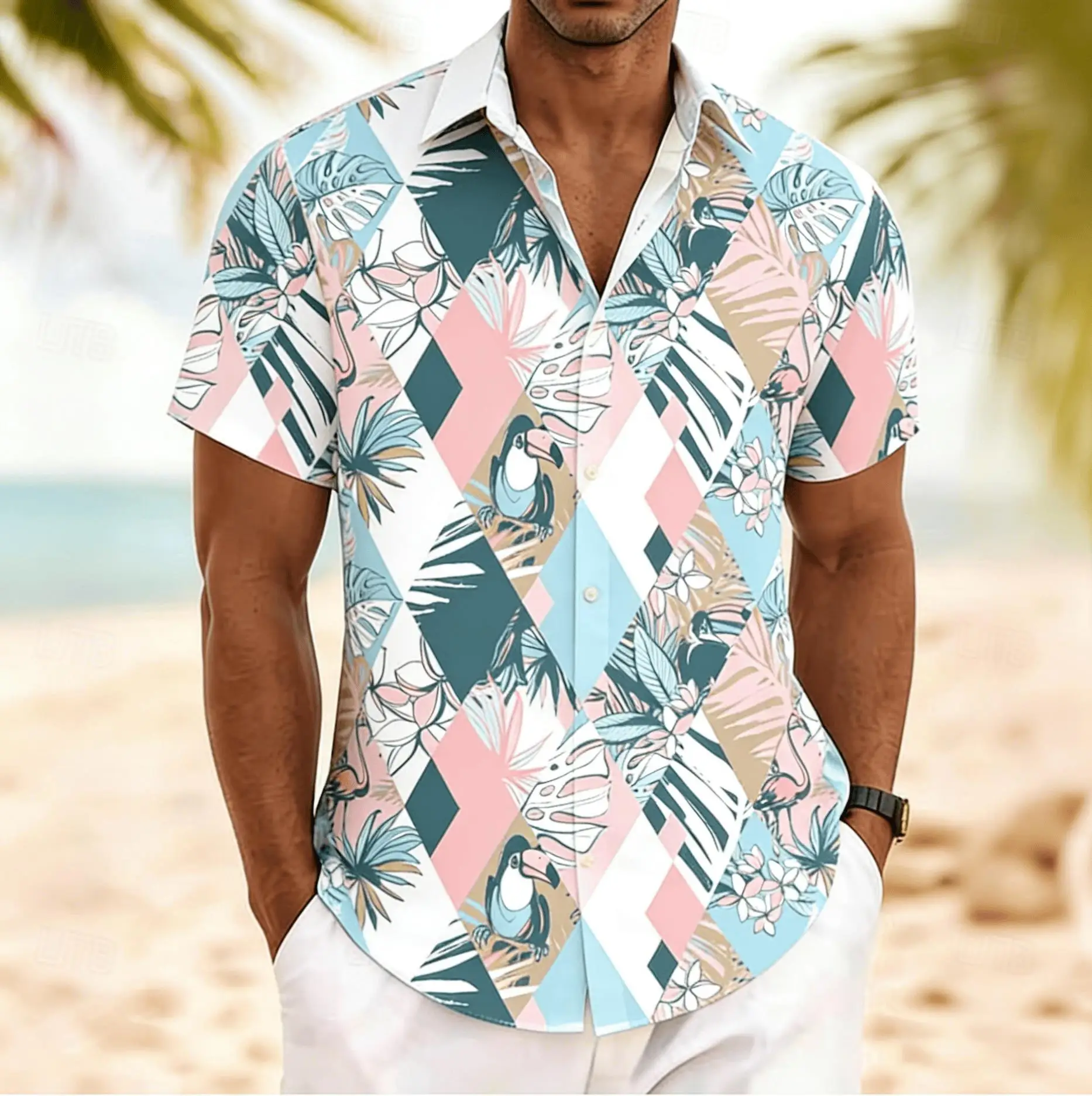 

Men's Argyle Toucan Tropical Print Short Sleeve Shirt, Spring Summer Vintage Hawaiian Vacation Blouse, Loose Casual Top