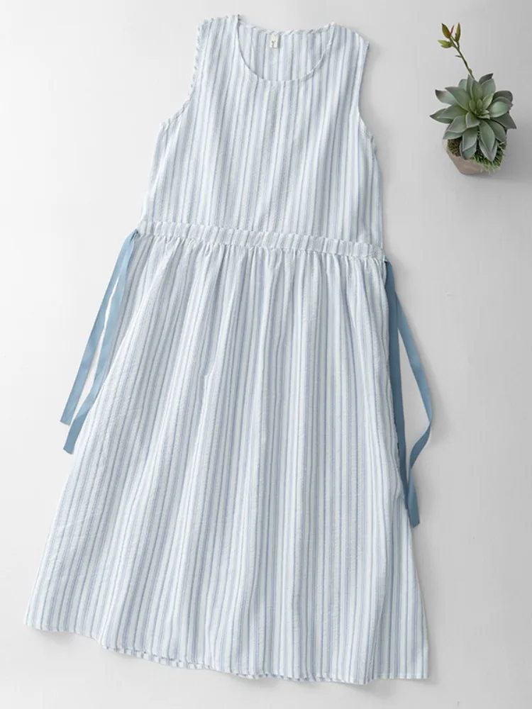 Mint Wave Blue round Neck Sleeveless Women's Dress Summer Beach Vacation Style Drawstring Vest Dress Slimming Waist Design
