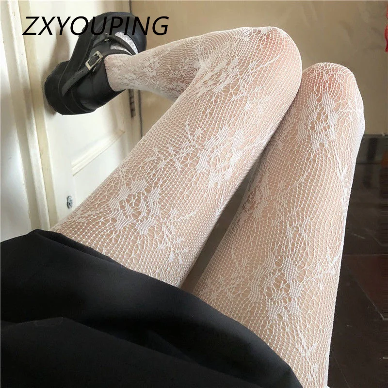 Sexy Lolita Style Lace Mesh Tights for Women White and Black Hollowed Out Lace Mesh Pantyhose Floral Rattan Bottomed Stockings