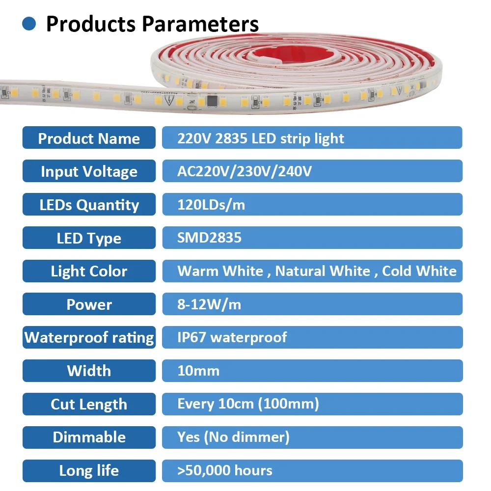 220V 230V AC SMD2835 IP67 LED Strip Light 120LEDs/m Flexible Ribbon Warm Cold White Linear Lighting Outdoor Garden Decoration