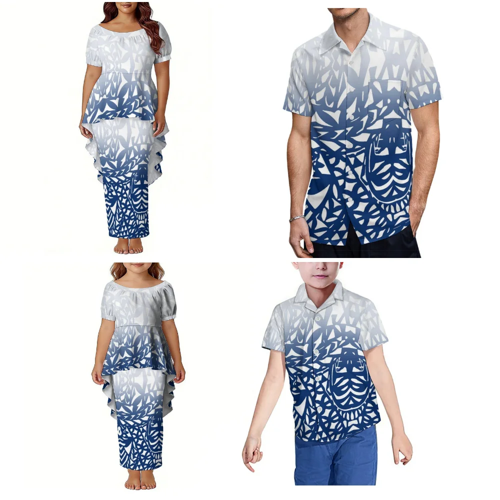 Vestido Puletasi com estampa floral para mulheres e camisa masculina para festa familiar, vestido de noite polinésio Grand-Dame plus size.