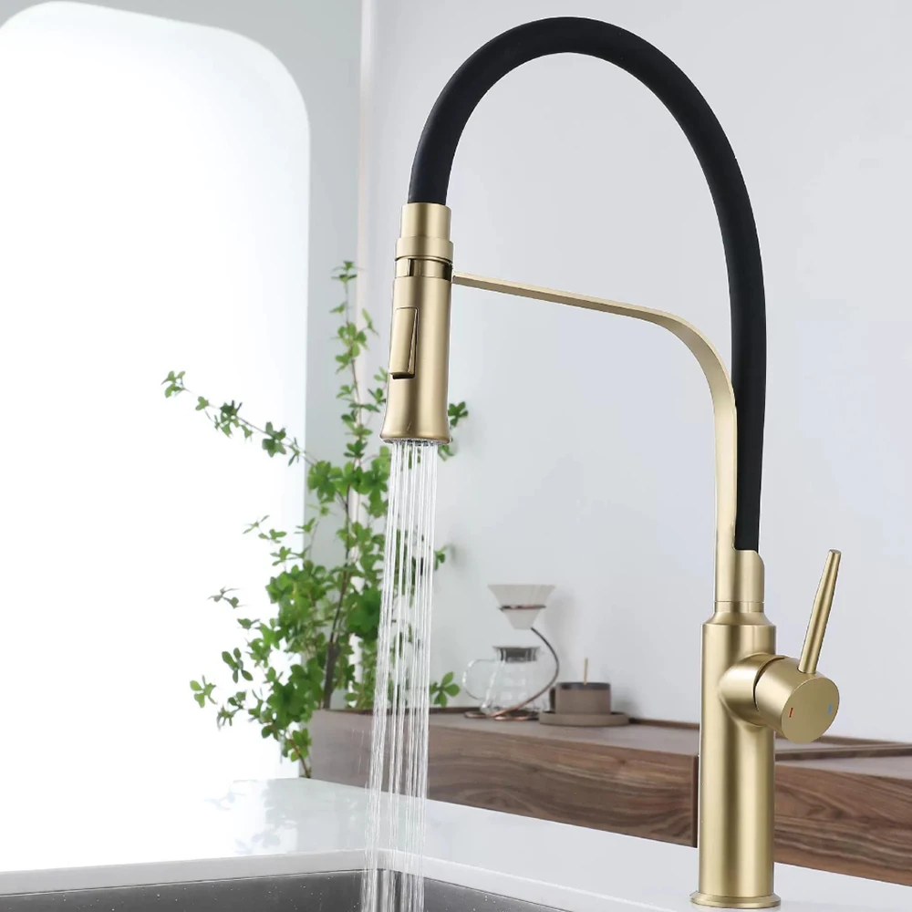 اللون الذهبي، 304 خلاط المطبخ الفولاذ المقاوم للصدأ بالوعة الحنفية، الماء البارد والساخن، نموذجين المياه خارج، مقبض واحد فتحتين