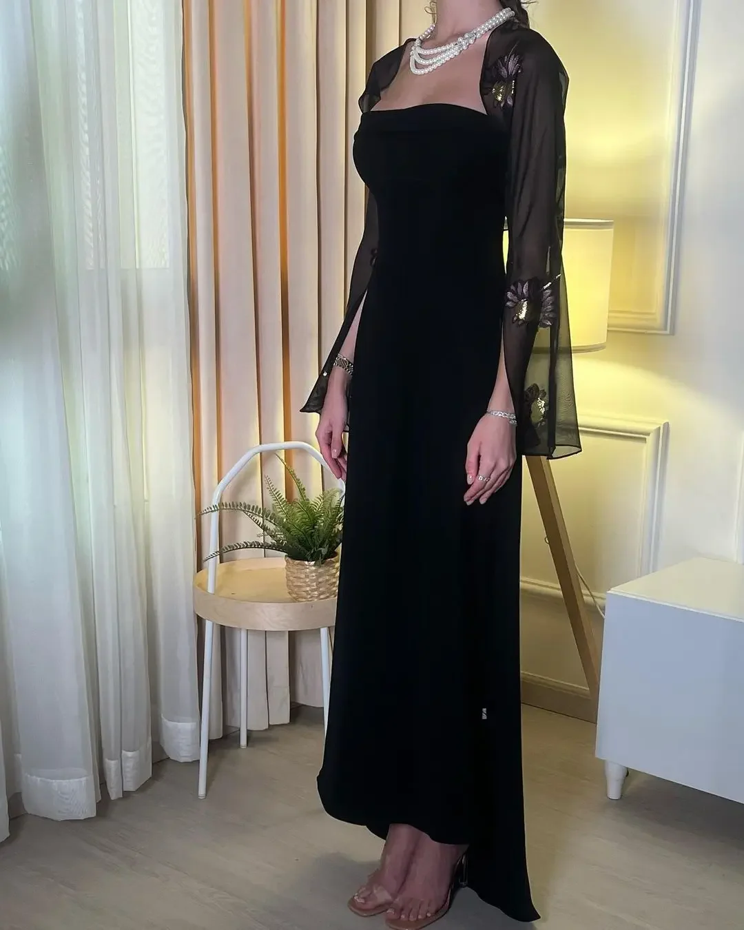 Saudi Arabia Evening Dresses Black Prom Dresses Printed Chiffon Long Sleeves Jackets Wedding Guest Dress for Women Special Party