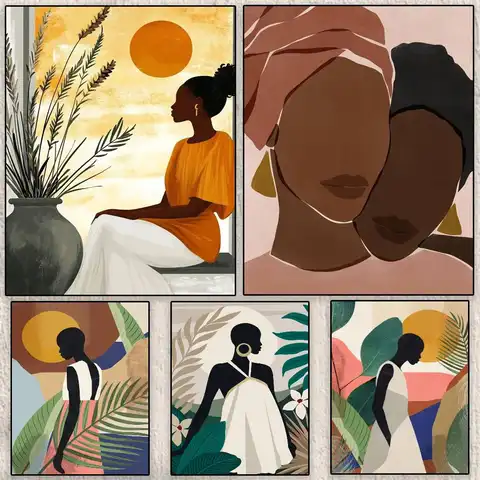 Abstract african woman fower leaves Poster Modern Waterproof HD Wall Art Decal Self-Adhesive Aesthetic Decor for Home Living Roo