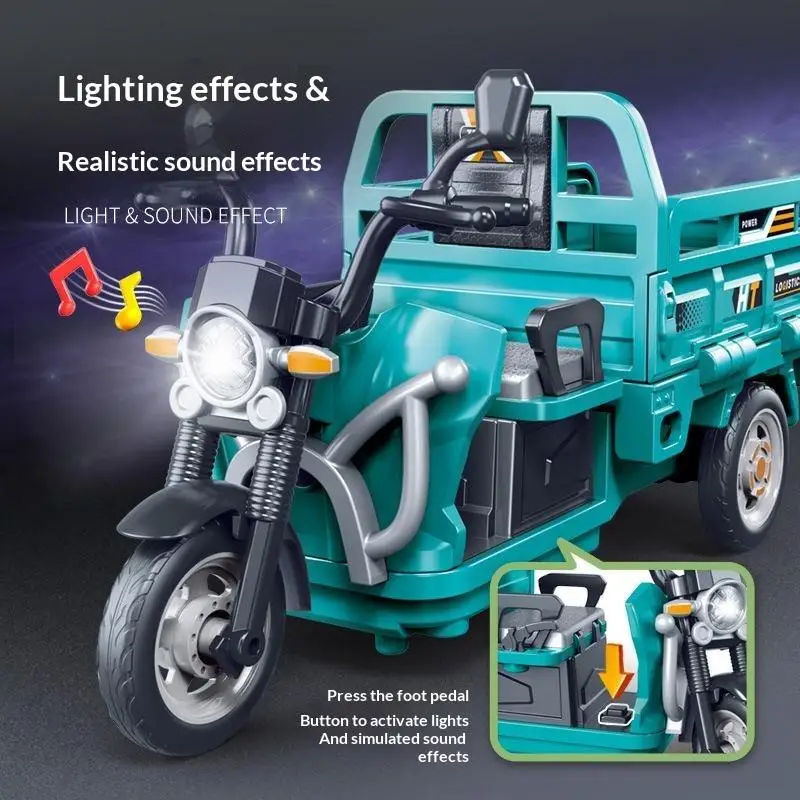 1Pcs Pull Back Tricycle Moto Toy with Light Sound Three Wheeler Car for Boys Girls Educational Play Gift