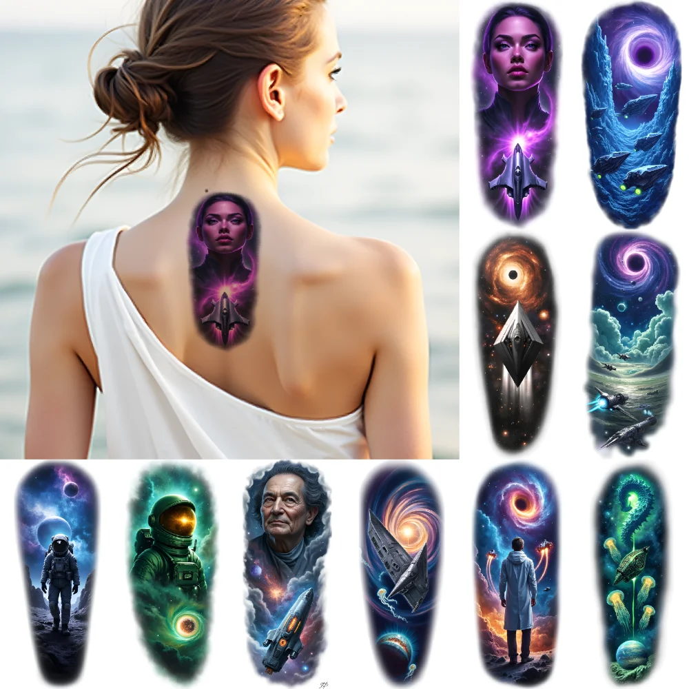 

Временная татуировка для женщин в космосе, 12 шт., реалистичные временные татуировки, космический портрет, черная дыра, красочный реализм, ракета для