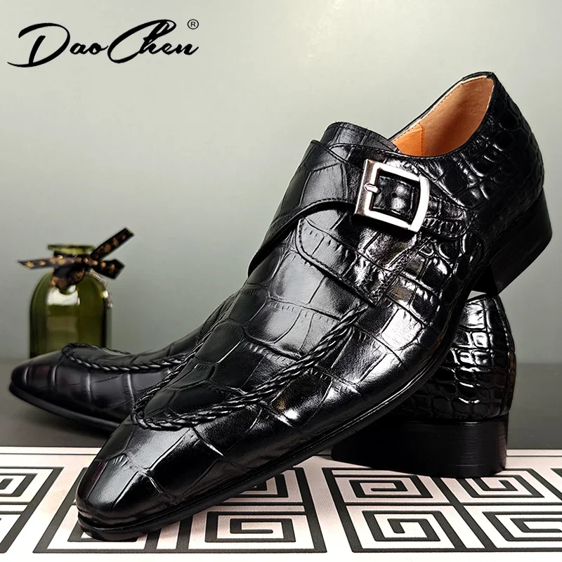 LUXURY MEN LEATHER SHOES SLIP-ON BLACK CROCODILE PRINT MONK STRAP LOAFERS MENS DRESS SHOES WEDDING OFFICE SHOES FOR MEN