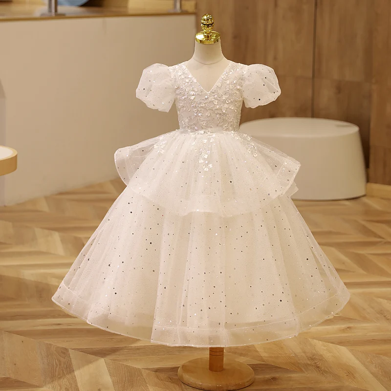 Robe de demoiselle d'honneur à manches bouffantes pour enfants, col en V, paillettes brillantes, robes de fête d'anniversaire, tulle à plusieurs niveaux, robe de Rhlongueur rinçage, 2023