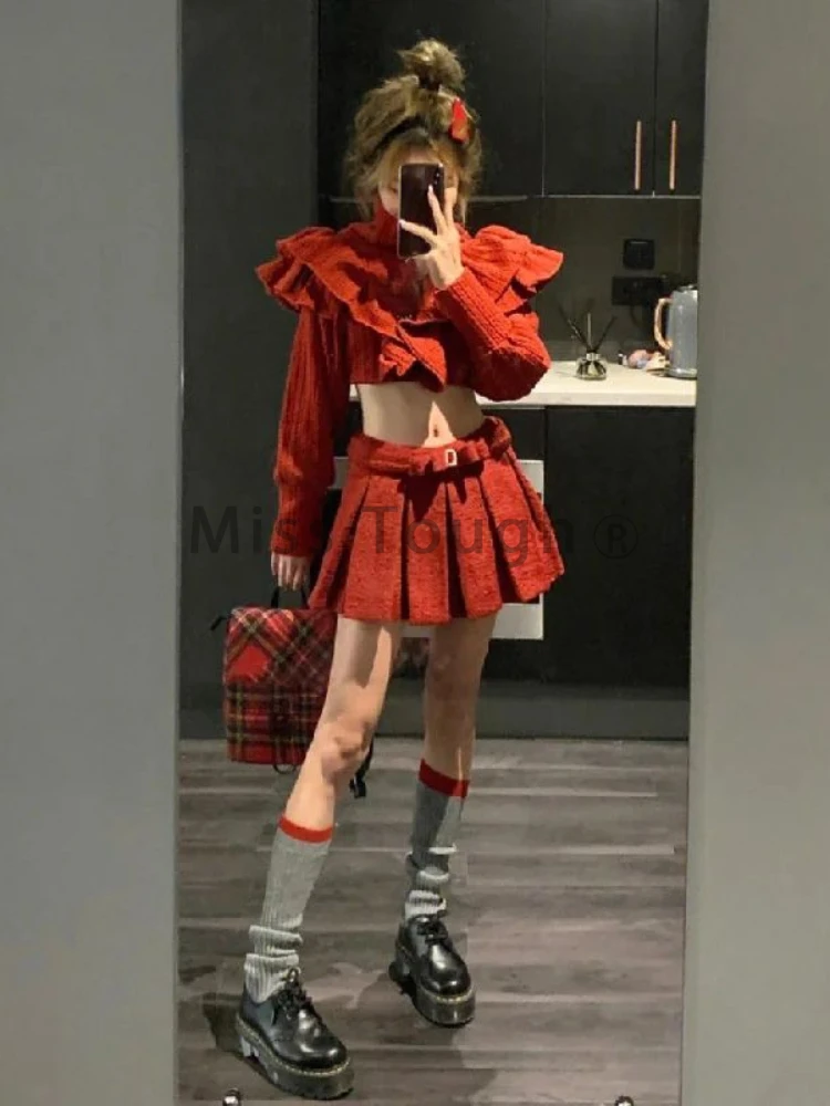 Red Kawaii Knitted Two Piece Set Women Sweet Party Solid Elegant Skirt Suit Female Korean Ruched Sweater＋Pleated Mini Skirt 2024