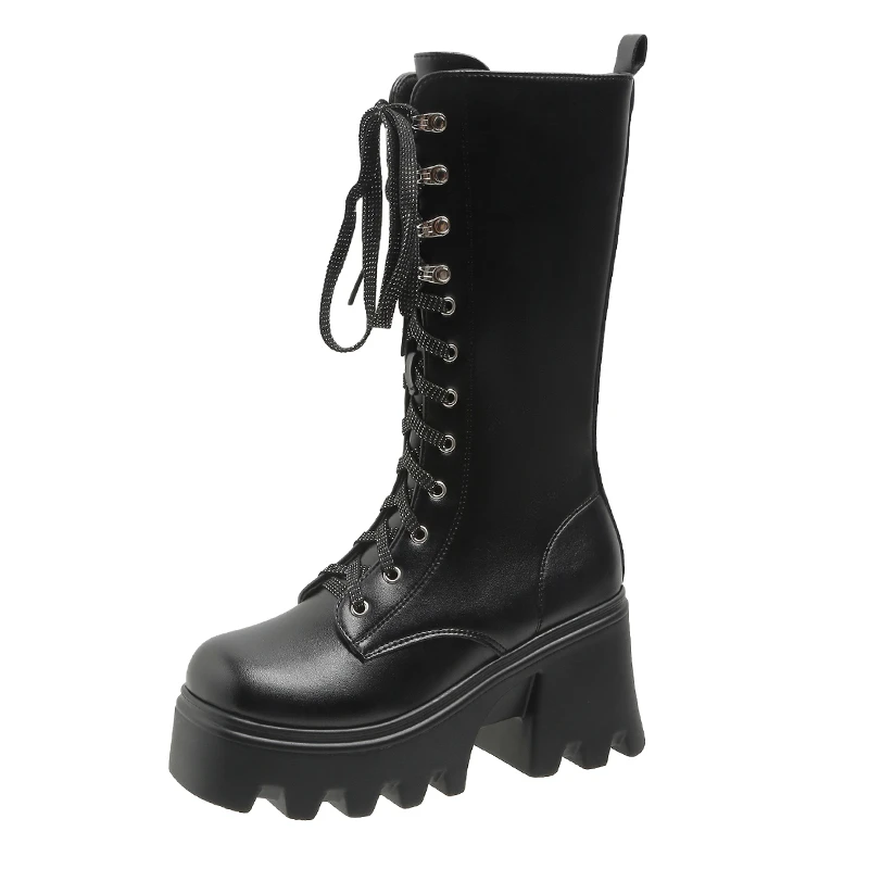 

2025 Winter Chunky Platform Leather Knee High Boots Women Retro Punk Height Increasing Long Boots Woman Lace Up Booties Mujer