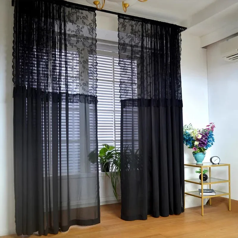 Black Ruffled Lace Sheer Curtains for Kitchen, Farmhouse, Wedding Party, Ceremony Background, Rustical Floral Window Dr