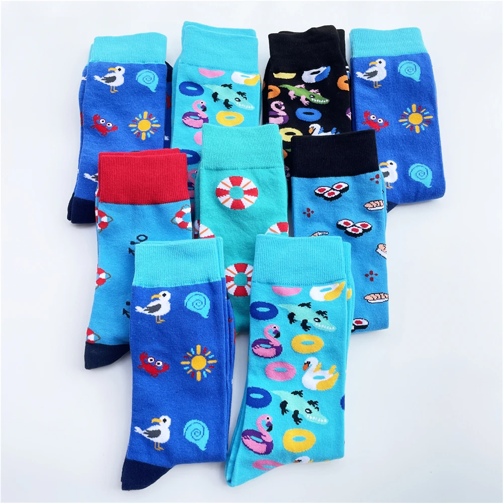 TANABATA 2022 Novelty Design Funny Socks Men Women Trendy Blue Color Street Cartoon Long Socks 100% Cotton