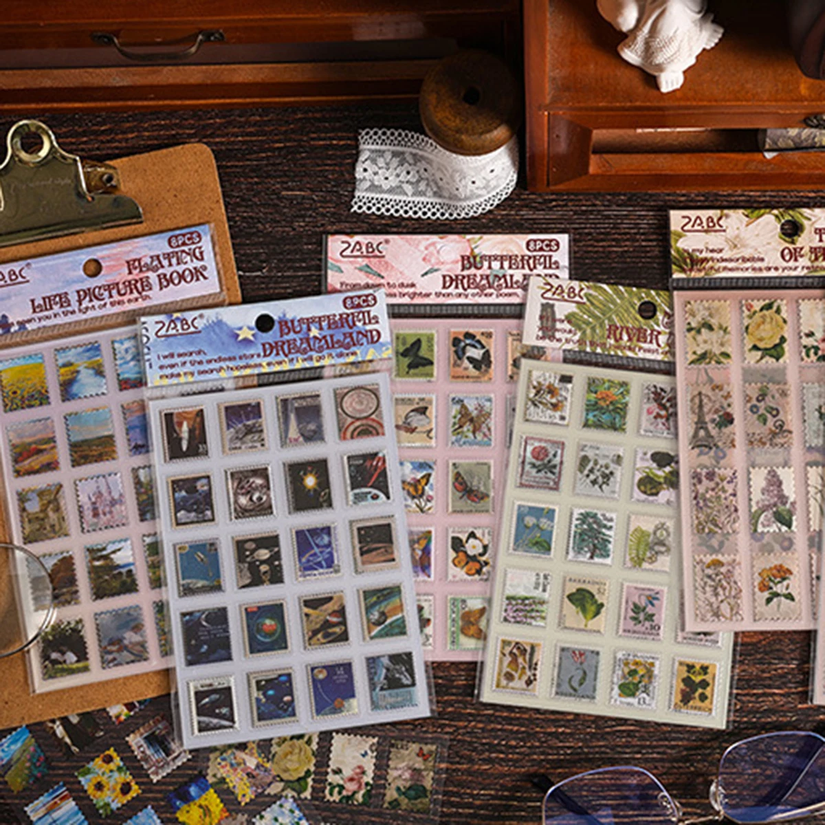 8 Sheets Per Pack of Vintage Stamp-Shaped Stickers, Floral Patterns, for DIY Journals and Greeting Card Decoration