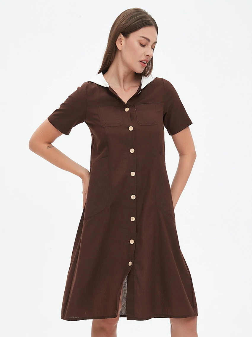 Parc Fee-vestido informal holgado de color marrón para mujer, vestidos por debajo de la rodilla de manga corta con capucha a la moda, vestido clásico elegante de retazos para mujer 2025