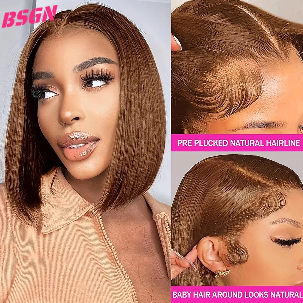 BSGN Chocolate Bob Wigs 220% 13X4 HD Transparent Lace Frontal Wigs Human Hair 100% Human Hair For Woman Pre Plucked Glueless Wig image 3
