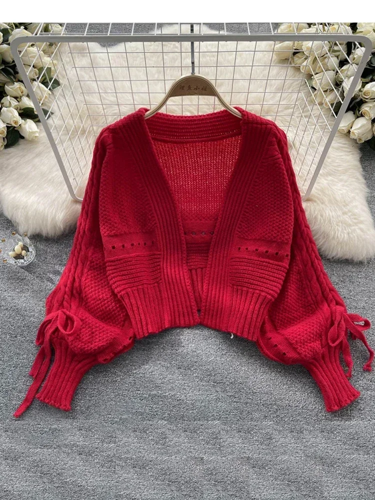 Women Autumn Winter Cardigan Design Sense Lantern Sleeve Knitted Versatile Knitting Bow Tie Short Long Sleeve Shawl Top D2156