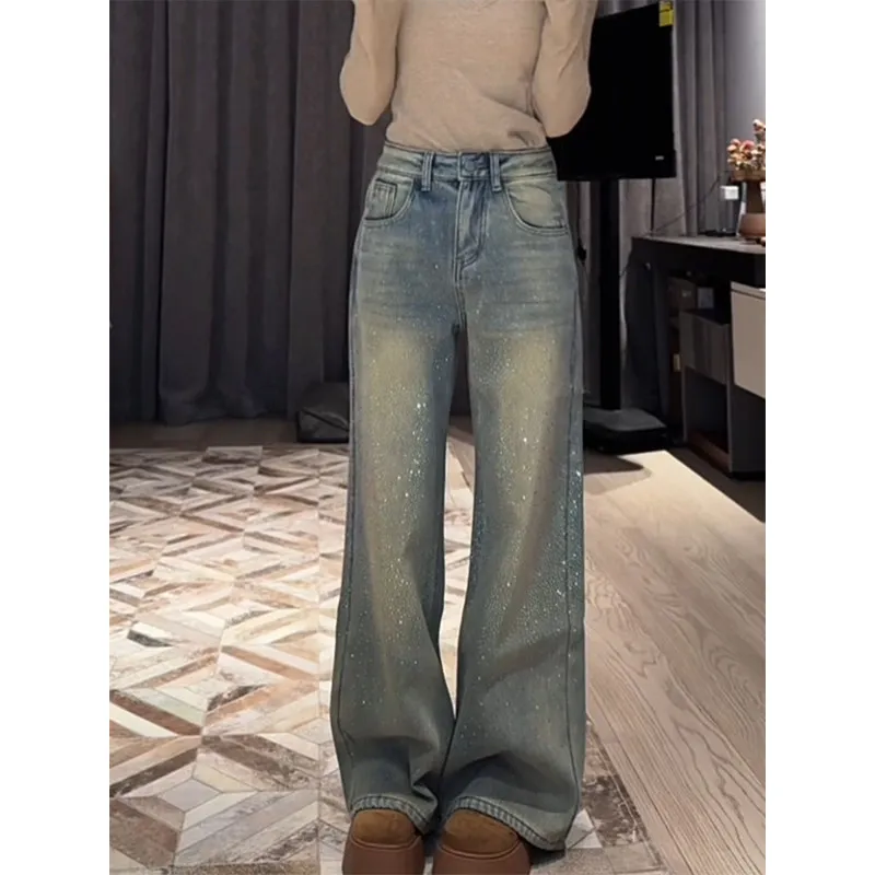 

High Waist Wide Leg Denim Jeans Women's Spring 2026 New Sle Glittering Drill Straight Floor-Length Pants Ele Ladylike