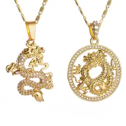 Classic Chinese Style Zircon Golden Dragon Mascot Lucky Pendant Necklace for Men Vintage Copper Necklace Women Amulet Jewelry