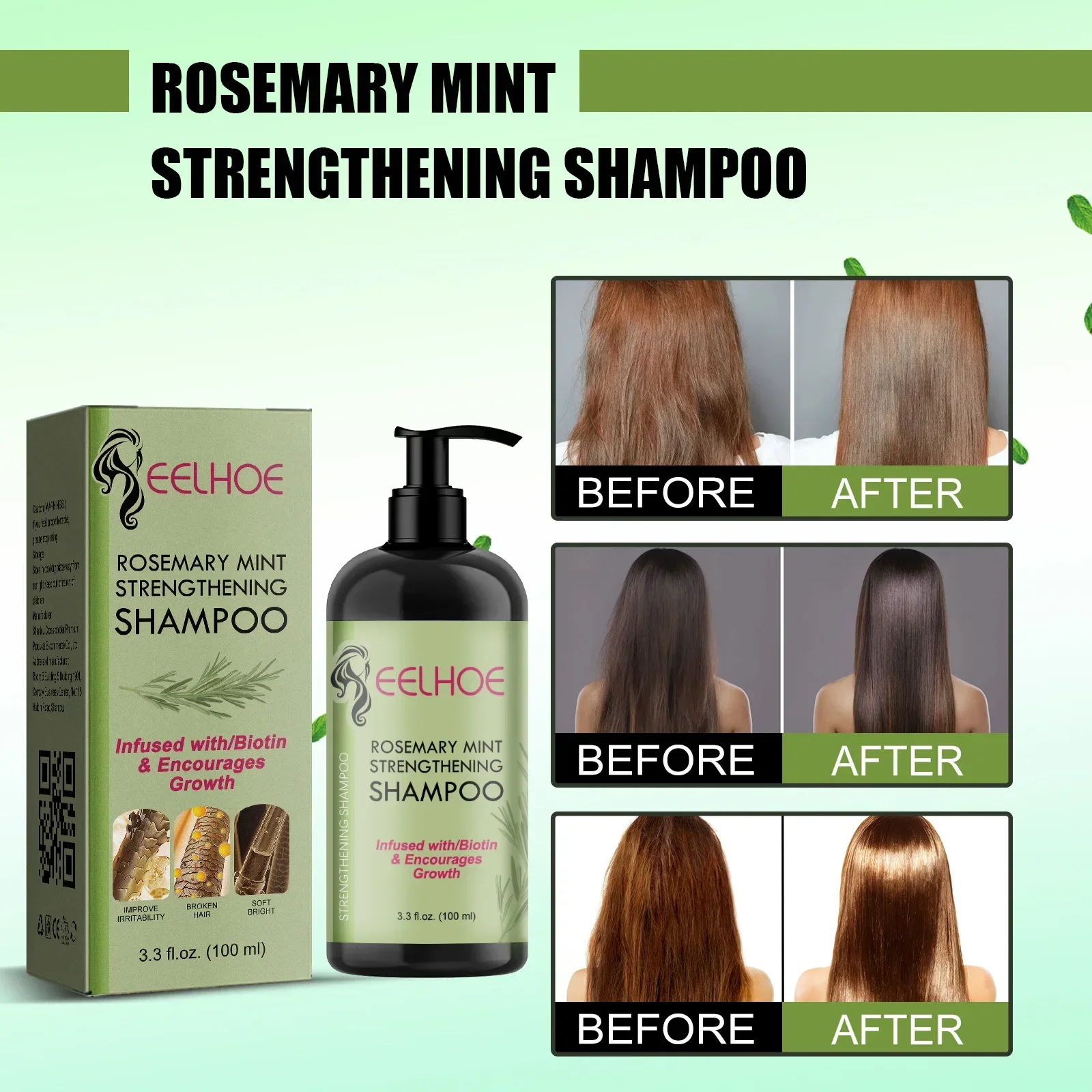 100ml Eelhoe Rosemary Mint Shampoo Hair Dry Manic Repair Moisturizing Soft Refreshing Shampoo Hair Care Block Fork Shampooings