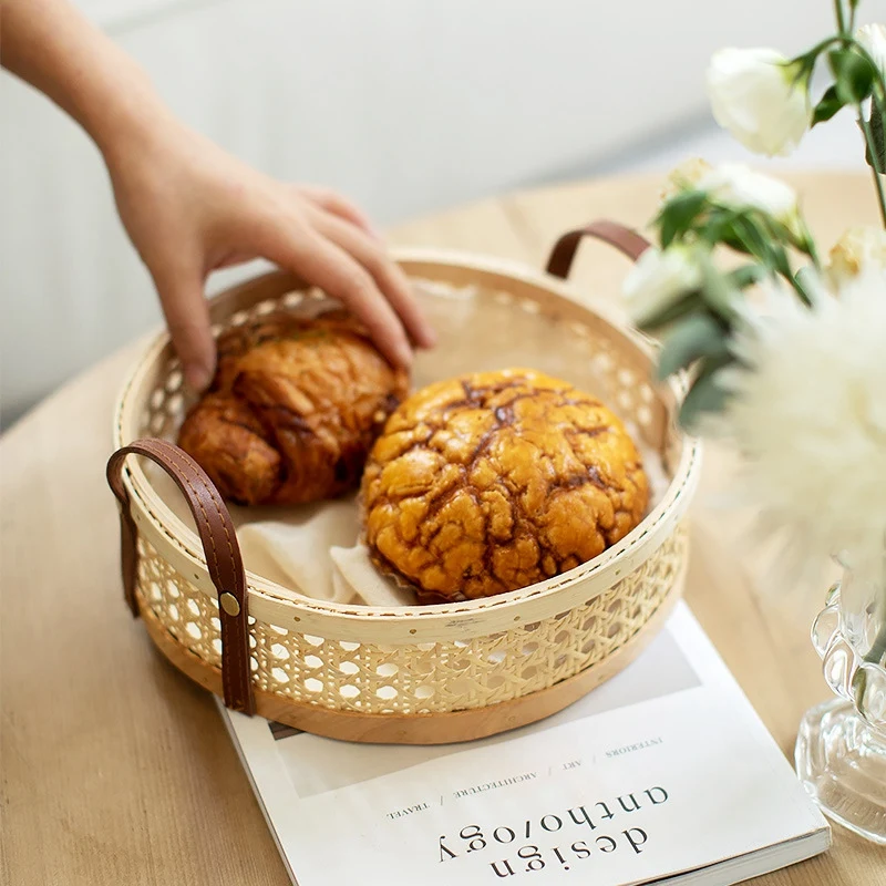 Keranjang penyimpanan anyaman rotan ruang bulat nampan untuk pengatur Desktop roti buah tembus udara-cokelat